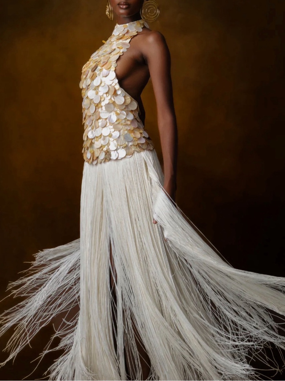 Kilentar White Fringed Shell-Embellished Satin Maxi Dress